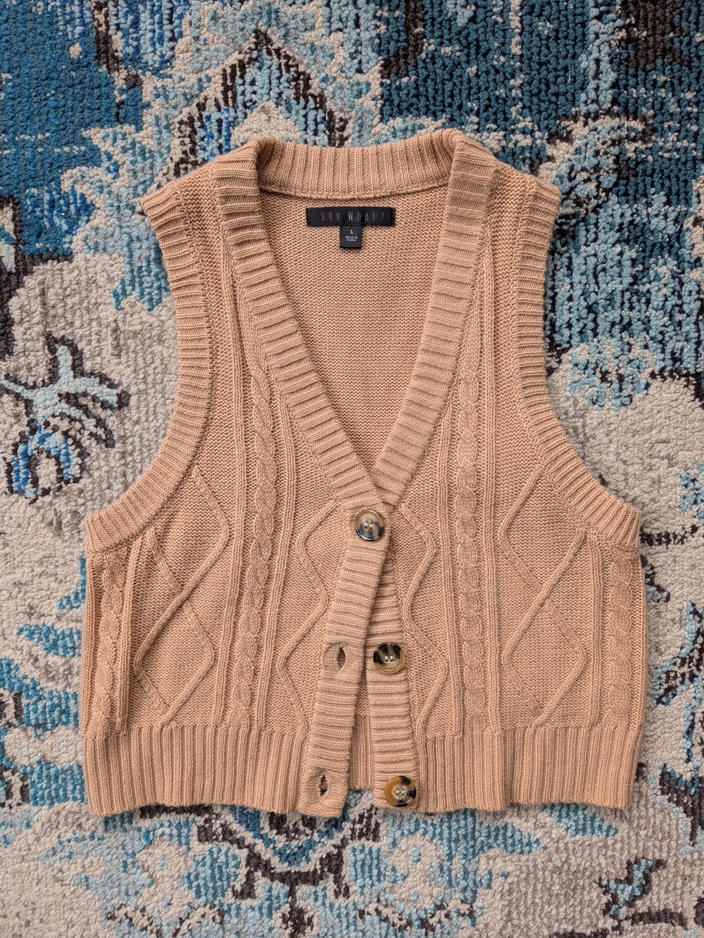Tan Cable-Knit V-Neck Button Vest
